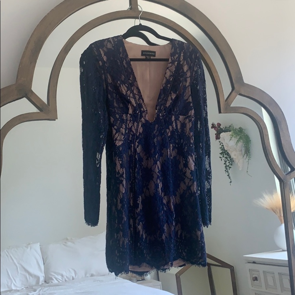 Style Stalker long sleeve lace mini dress deep V